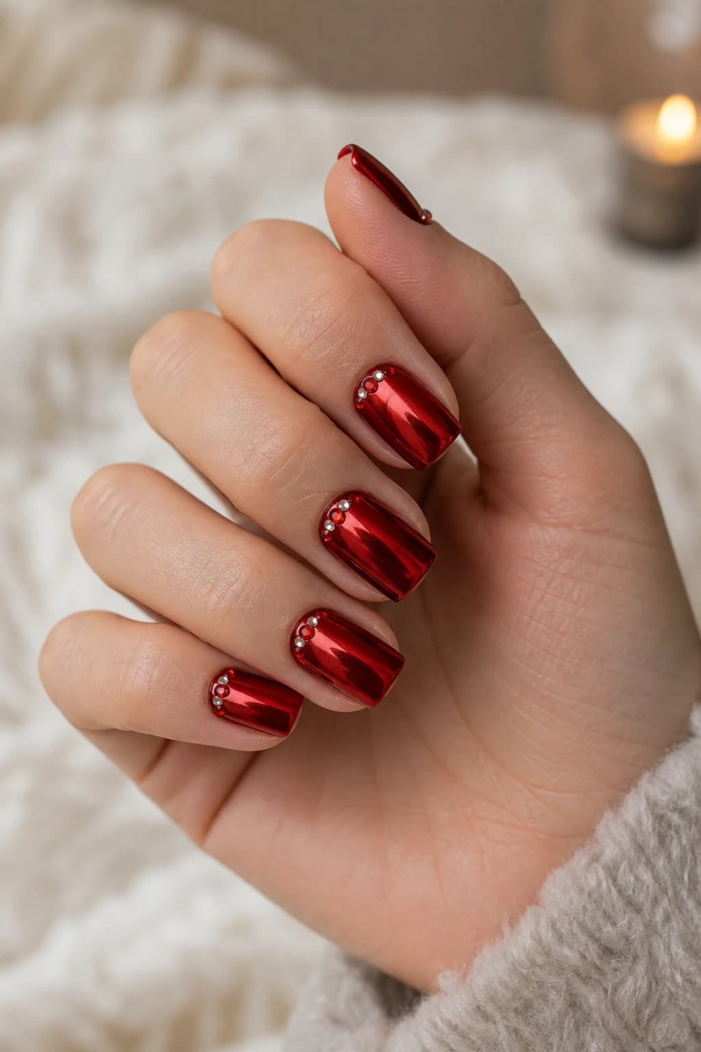 Short coffin nails in red with a rhinestone design and a chrome finish