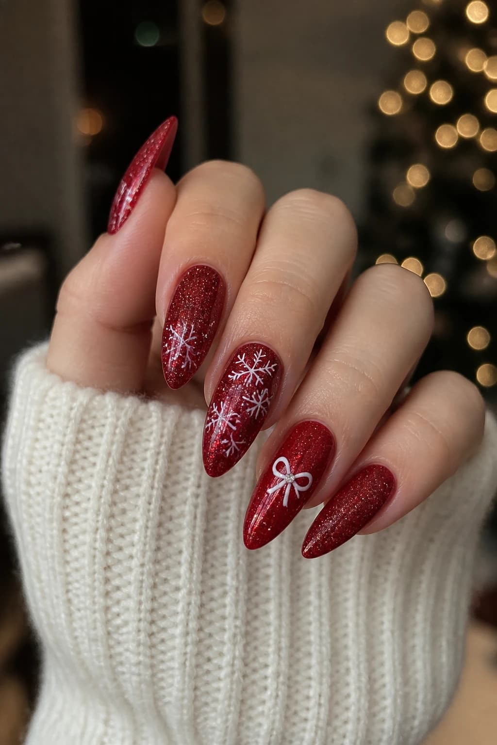 Long almond nails in red with a glitter finish, Christmas nail design